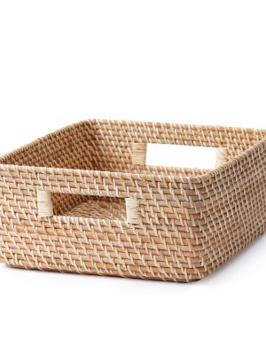 Rattan Stackable Square Basket With Handle - Medium W13.8 x D14.2 x H6.3
