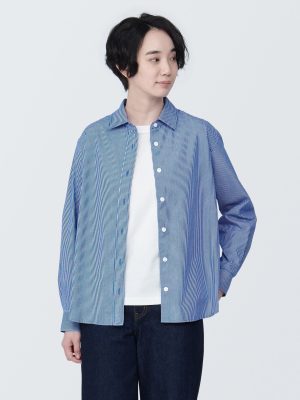 Women's Washed Broad Regular Collar Long Sleeve Striped Shirt